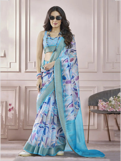 Exquisite Sky Blue Digital Printed Silk Festival Wear Saree With Blouse
