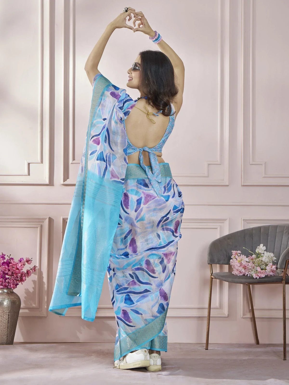 Blue and purple printed saree with backless blouse, stylish ethnic wear for women