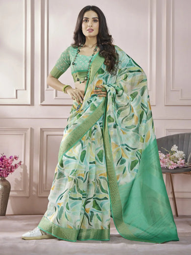 Adorable Green Digital Printed Silk Festival Wear Saree With Blouse