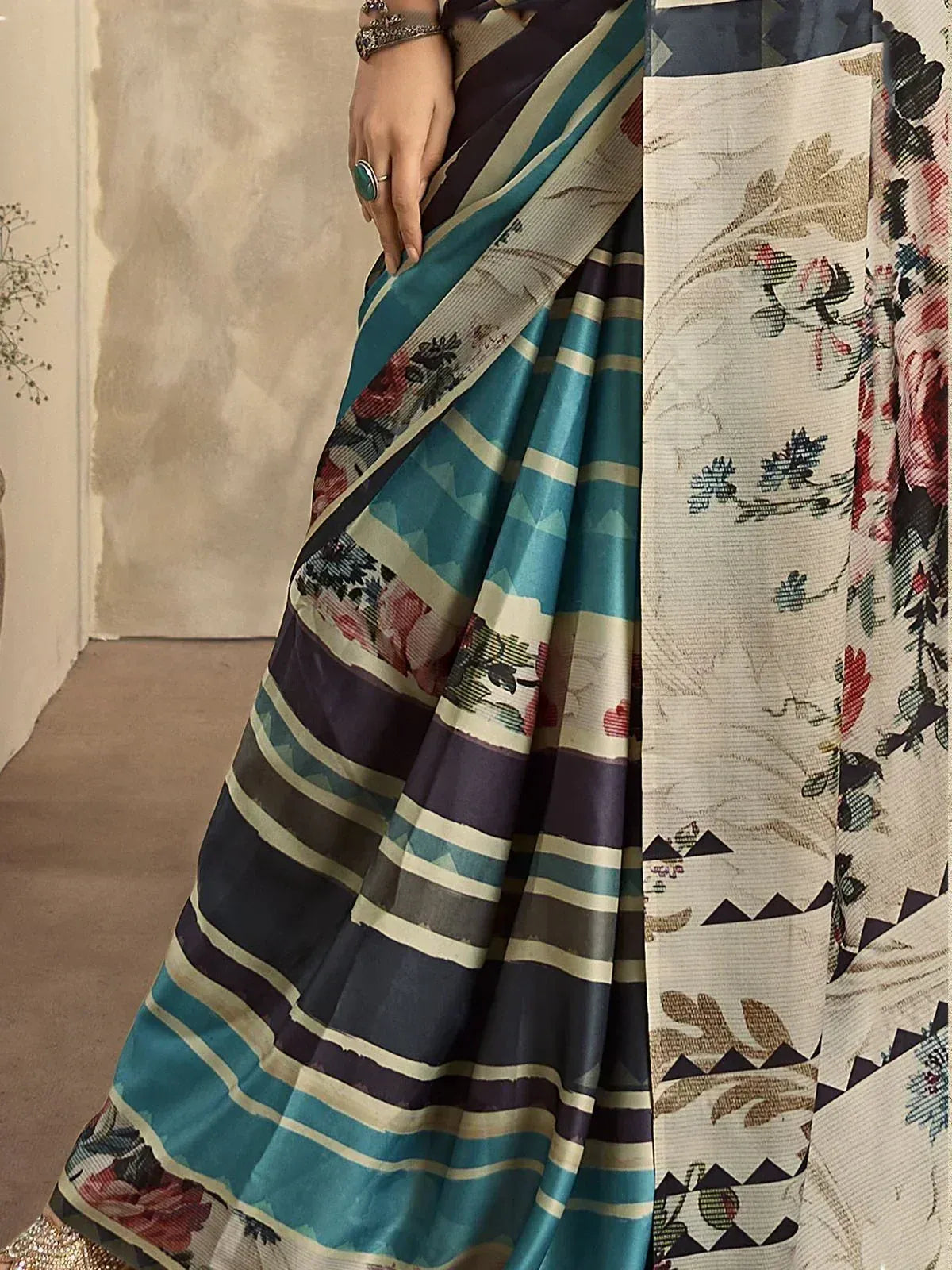 Teal and navy striped saree with floral border, Indian ethnic wear