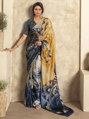 Awesome Multi-Color Digital Printed Satin Office Wear Saree With Blouse