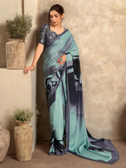 Wonderful Sky-Blue Digital Printed Satin Party Wear Saree With Blouse