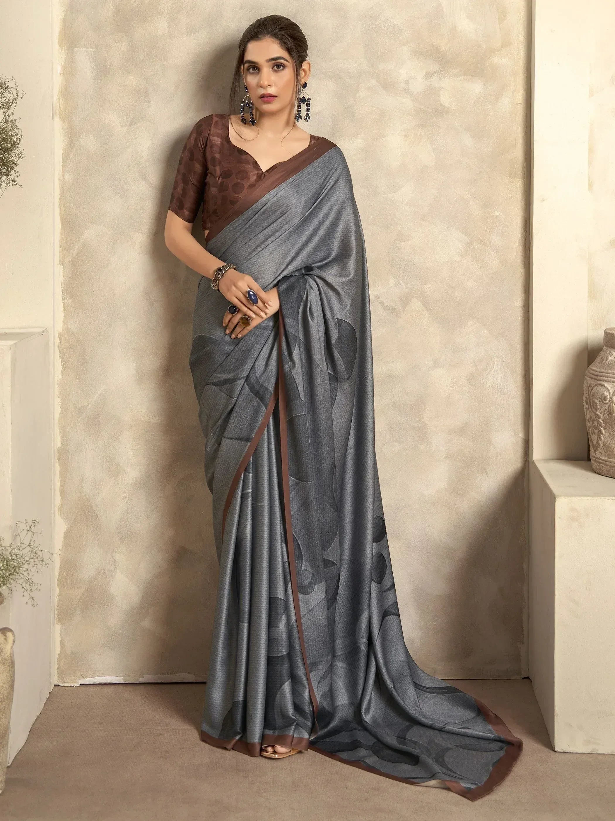 Grey printed saree with brown border and matching blouse, elegant Indian ethnic wear