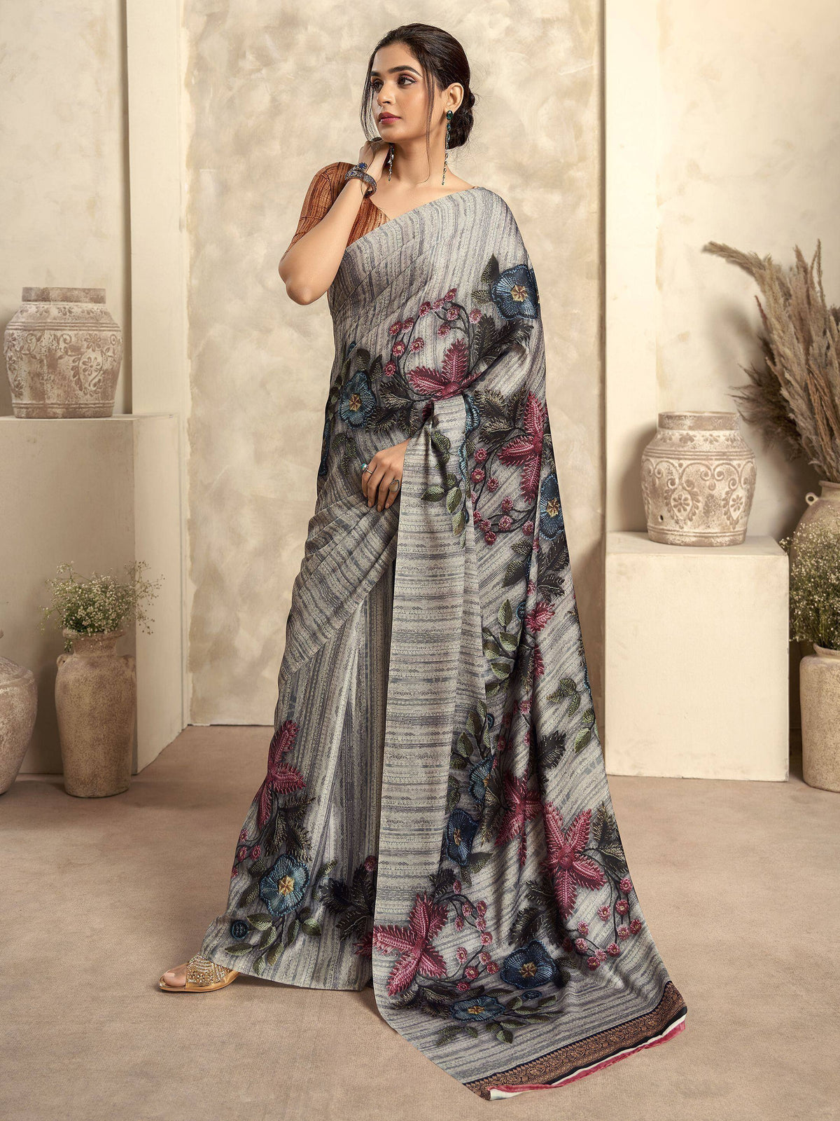 Grey floral embroidered saree with designer blouse, ethnic Indian wear for women