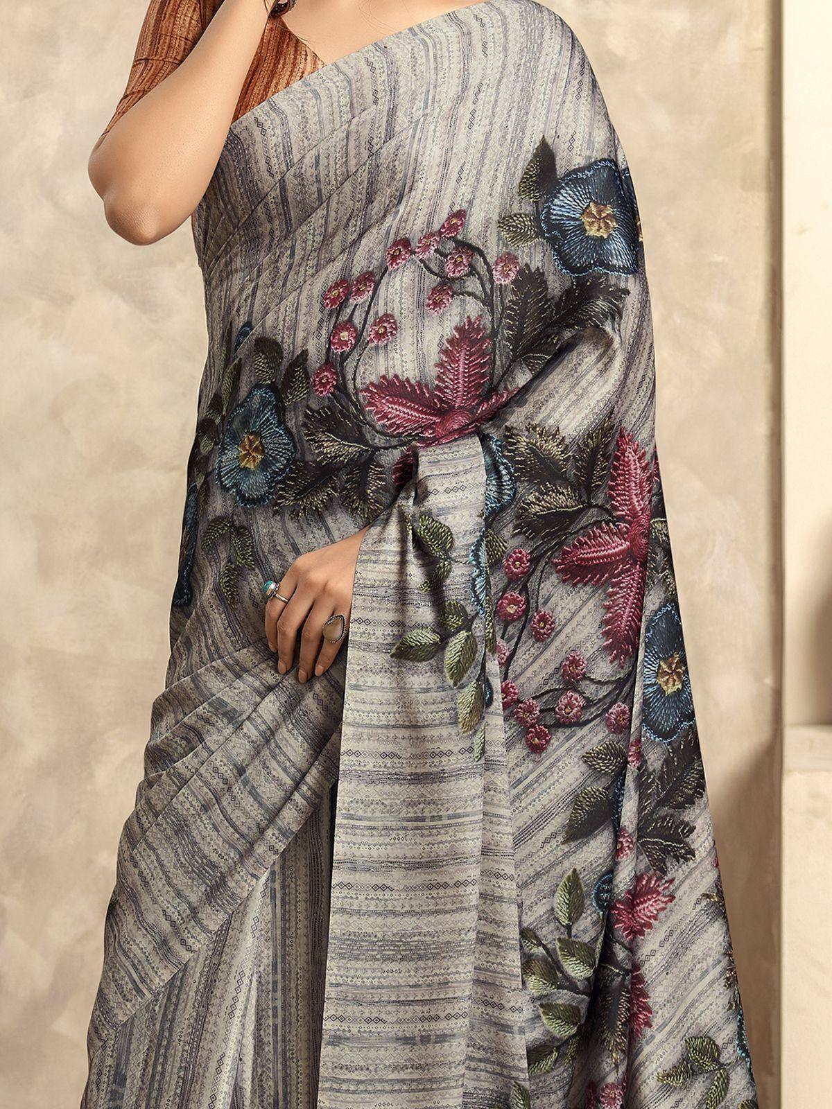 Grey saree with floral embroidery, perfect for ethnic wear occasions