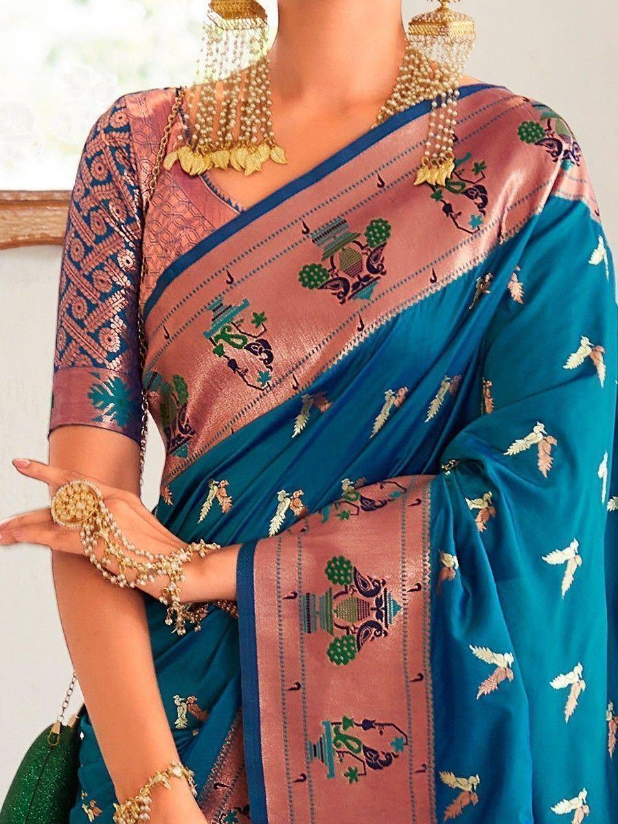 Teal and pink embroidered saree with gold jewelry, Indian ethnic wear