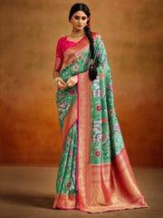 Stunning Green Kalamkari Printed Banarasi Silk Saree With Blouse