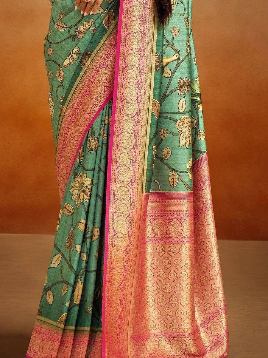 Teal floral saree with pink gold border, Indian ethnic wear for women