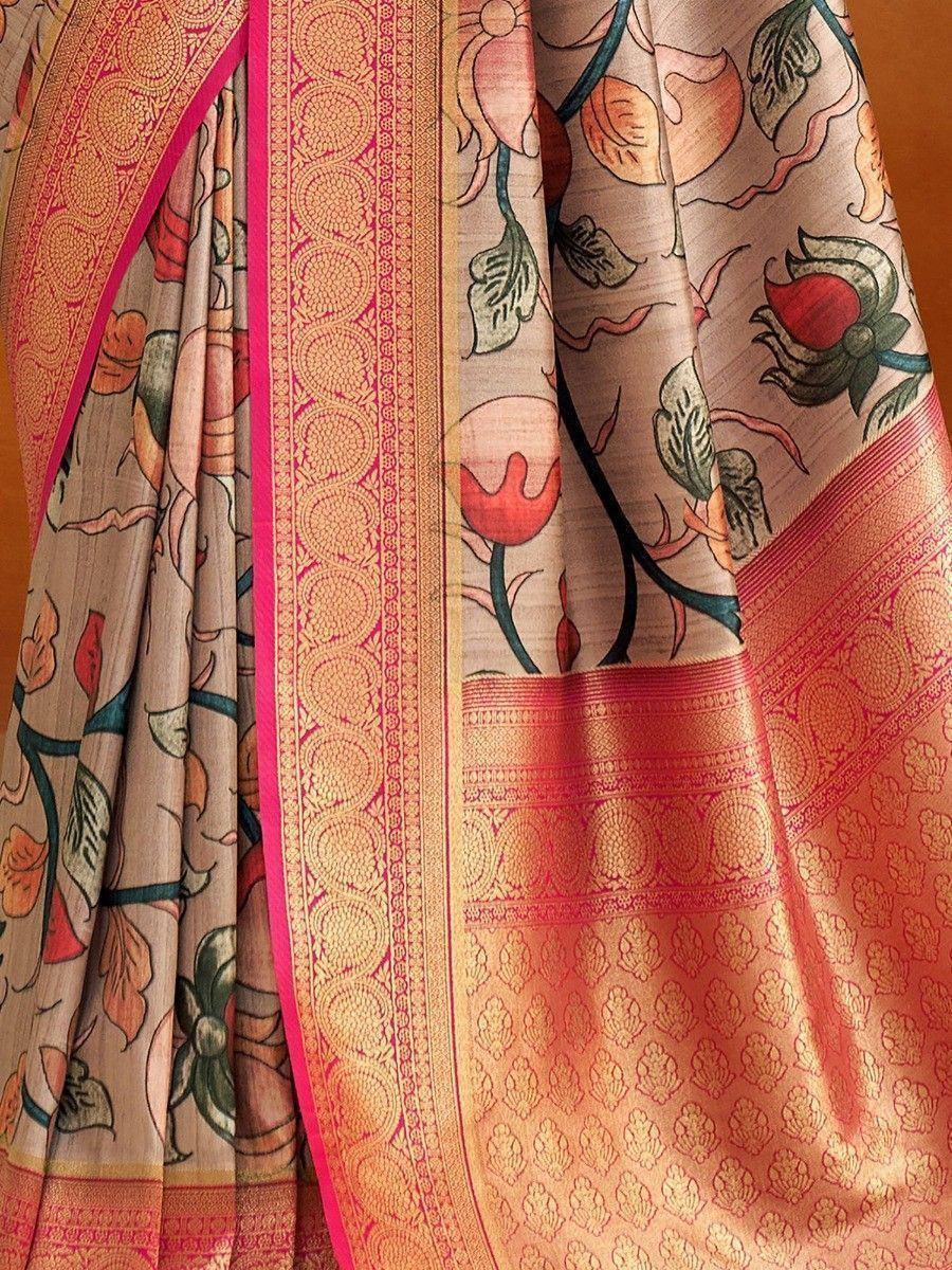 Floral print saree with pink border and gold zari work, Indian ethnic wear