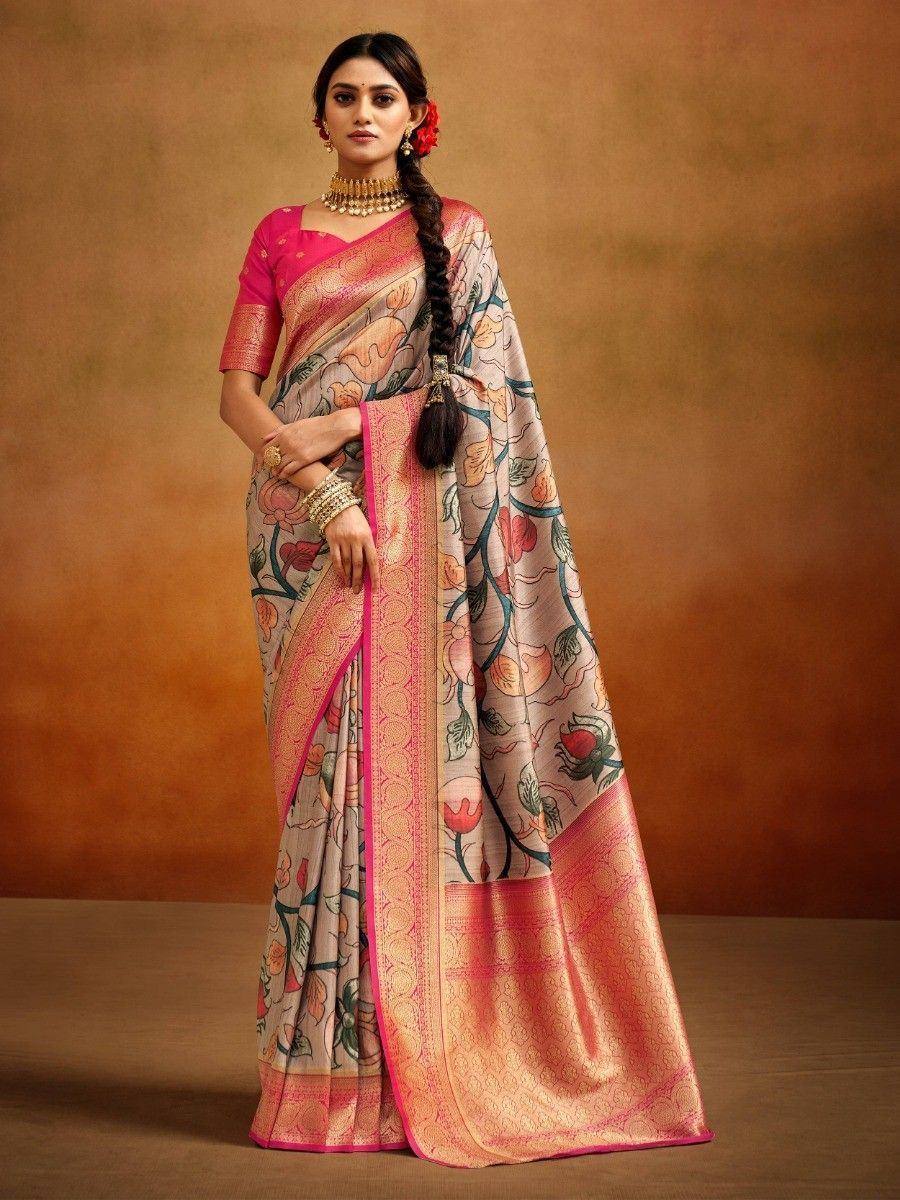 Floral print saree with pink border and blouse, Indian ethnic wear for women