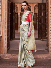 Fantastic Sage Green Zari Woven Satin Festival Wear Saree With Blouse