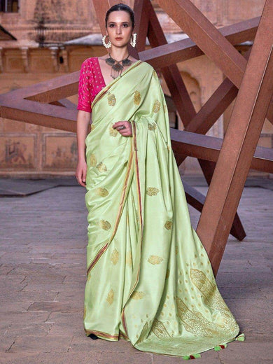 Amazing Pista Green Zari Weaving Satin Reception Wear Saree