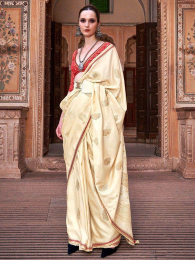 Memorable Beige Zari Weaving Satin Traditional Saree With Blouse