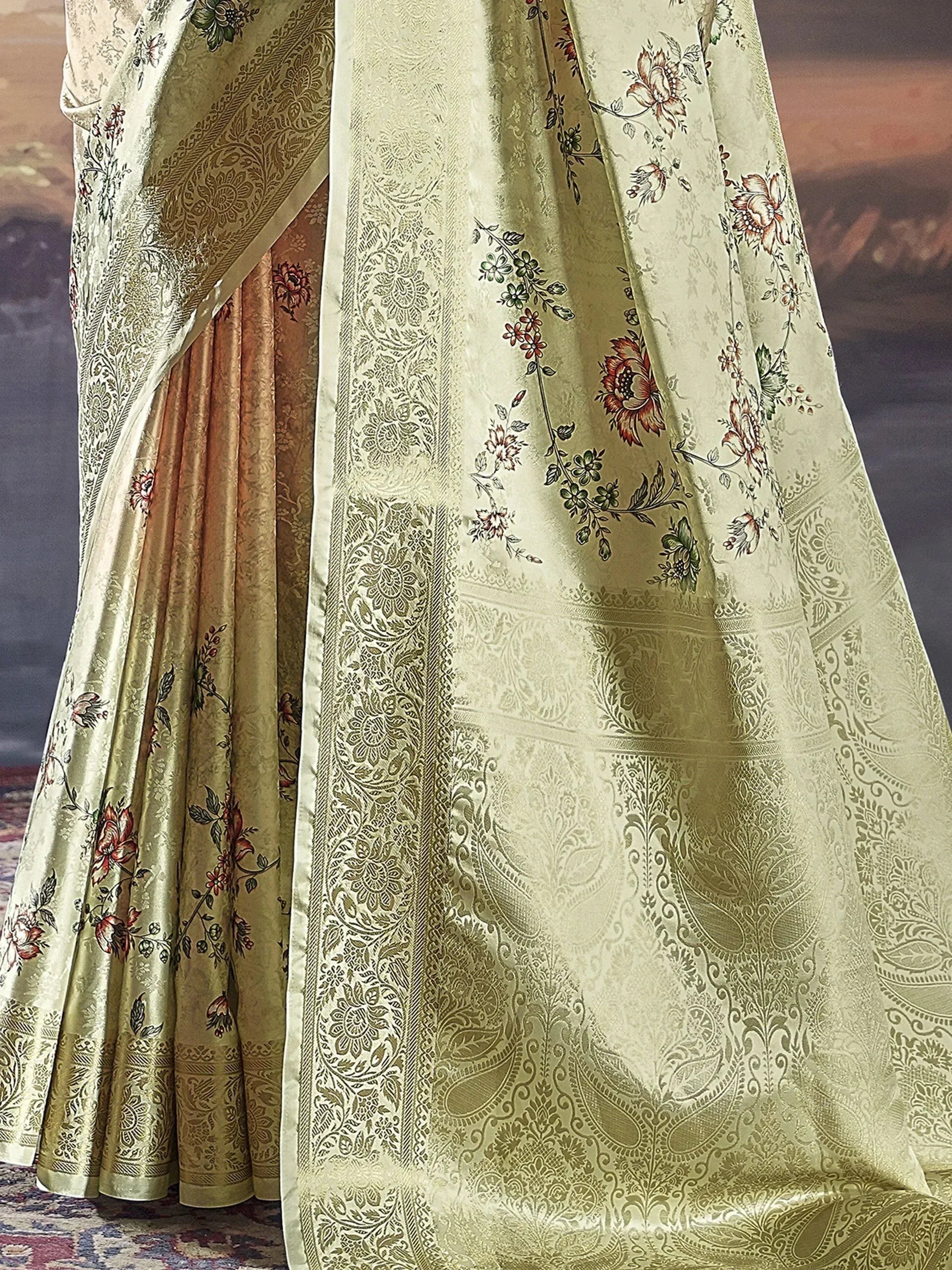 Elegant floral and paisley printed saree with intricate golden border, perfect for Indian ethnic occasions