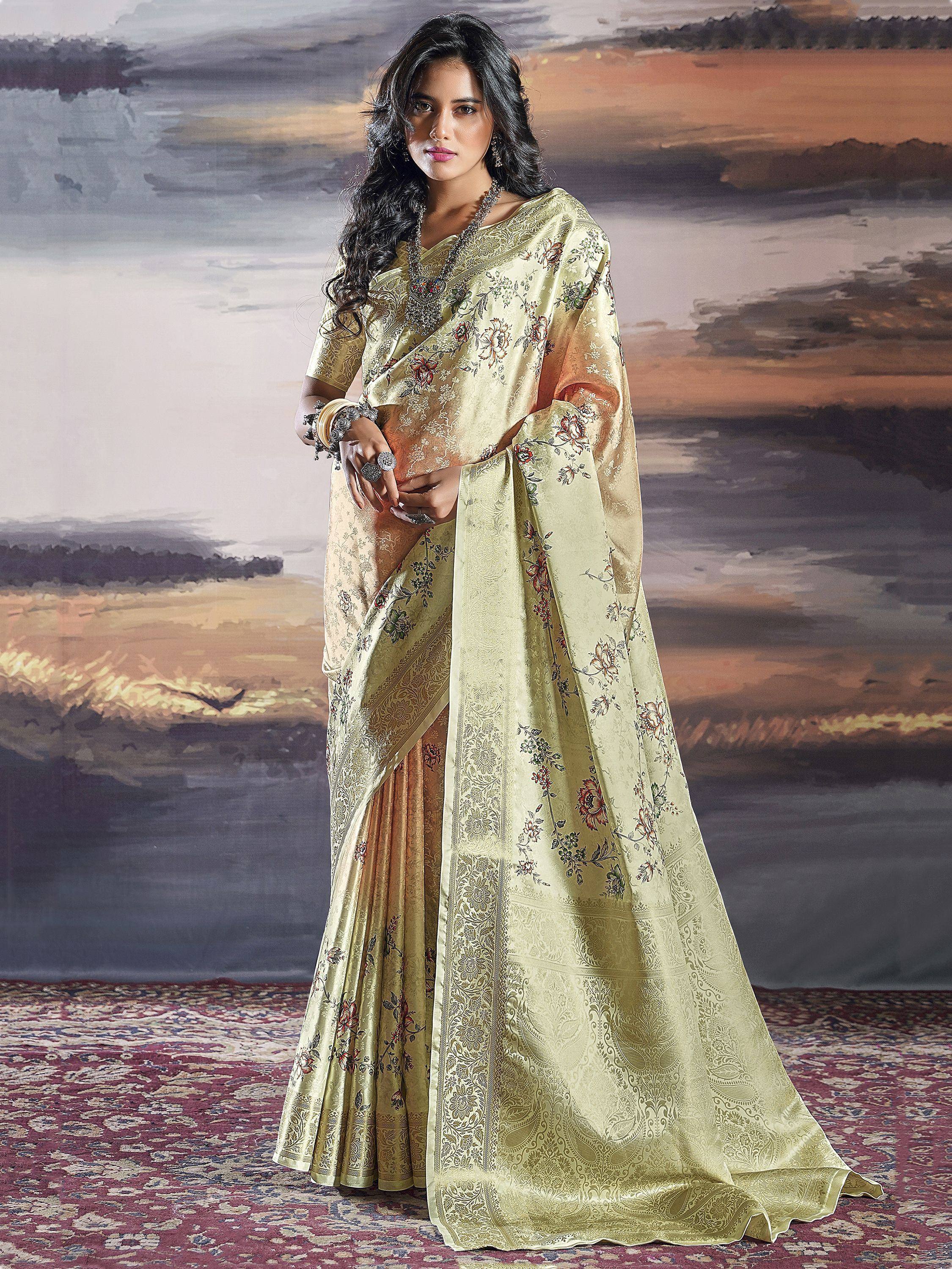 Elegant gold floral saree with intricate embroidery, perfect for Indian ethnic wear occasions