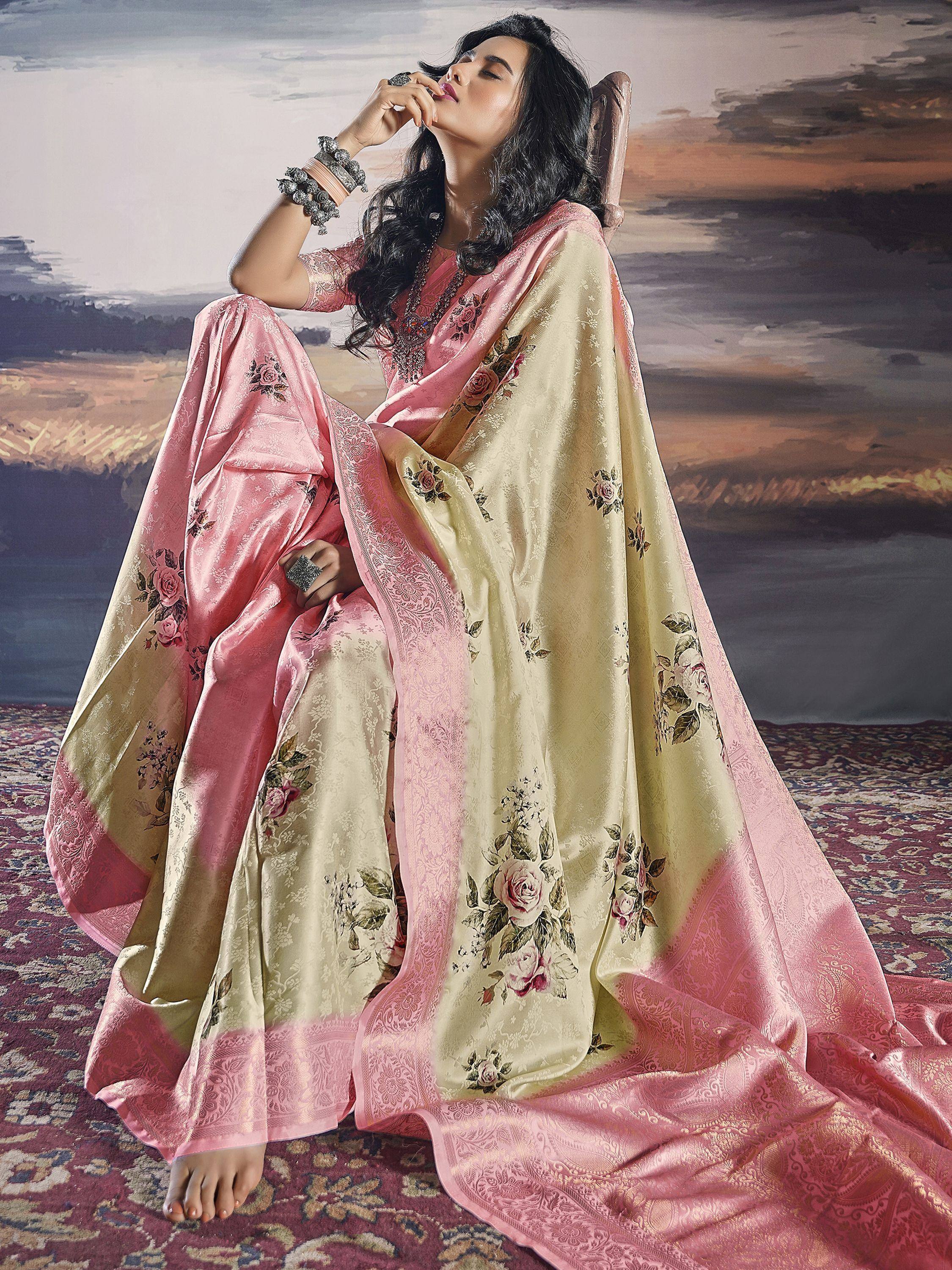 Pink and cream floral printed salwar kameez with embroidered dupatta, ethnic Indian wear