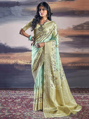 Beautiful Sea Green Zari Weaving Satin Festival Wear Saree With Blouse