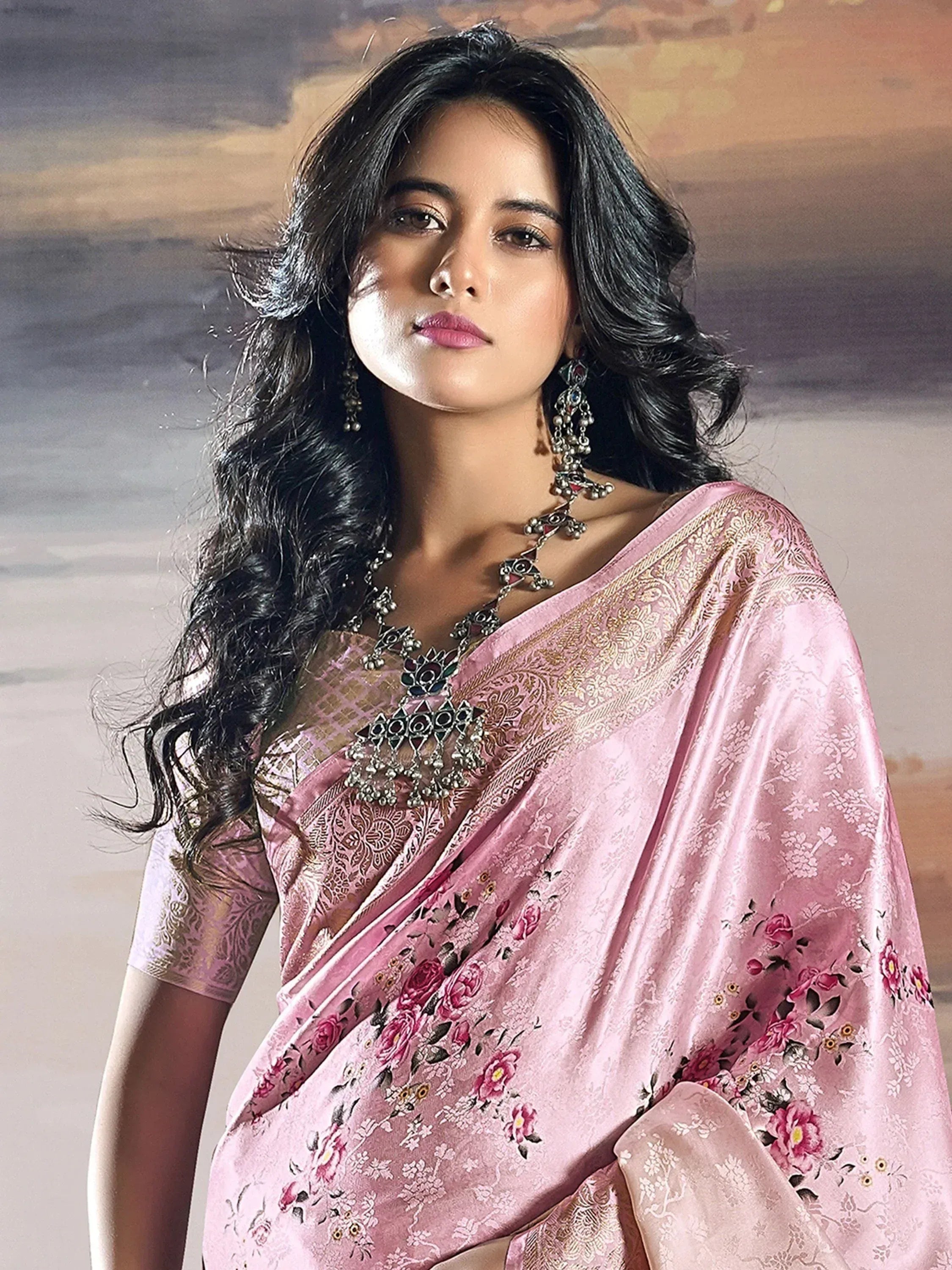 Pink floral saree with gold embroidery, traditional Indian ethnic wear for women