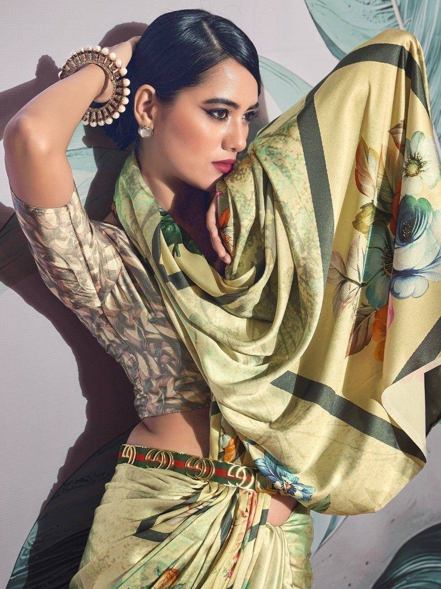 Woman in floral print saree with designer blouse and statement jewelry, ethnic Indian wear