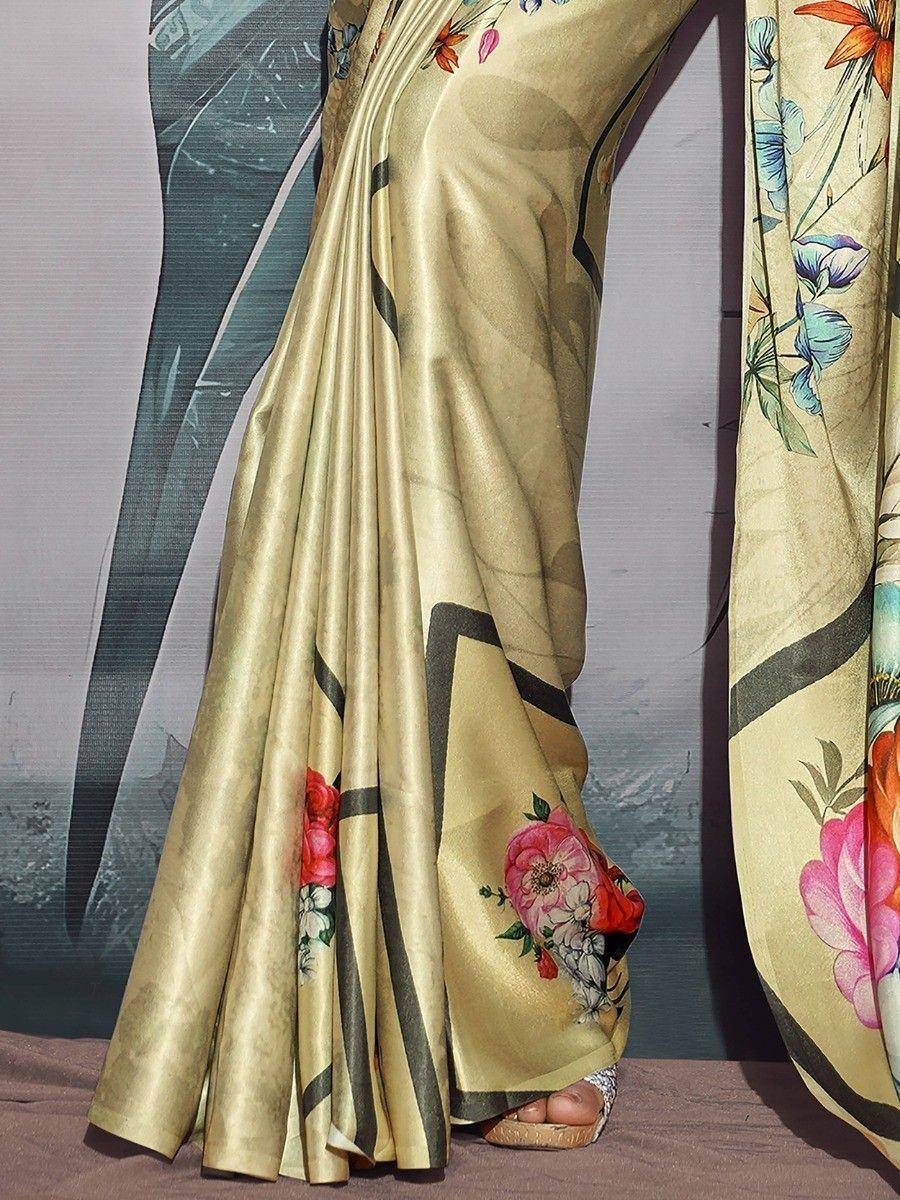 Golden floral print saree with black border, elegant Indian ethnic wear for women