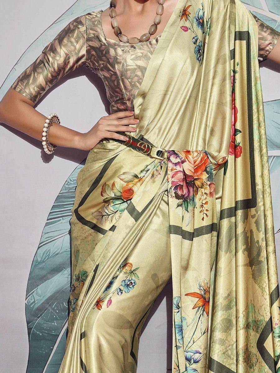 Elegant floral print saree with golden blouse, perfect for Indian ethnic wear occasions