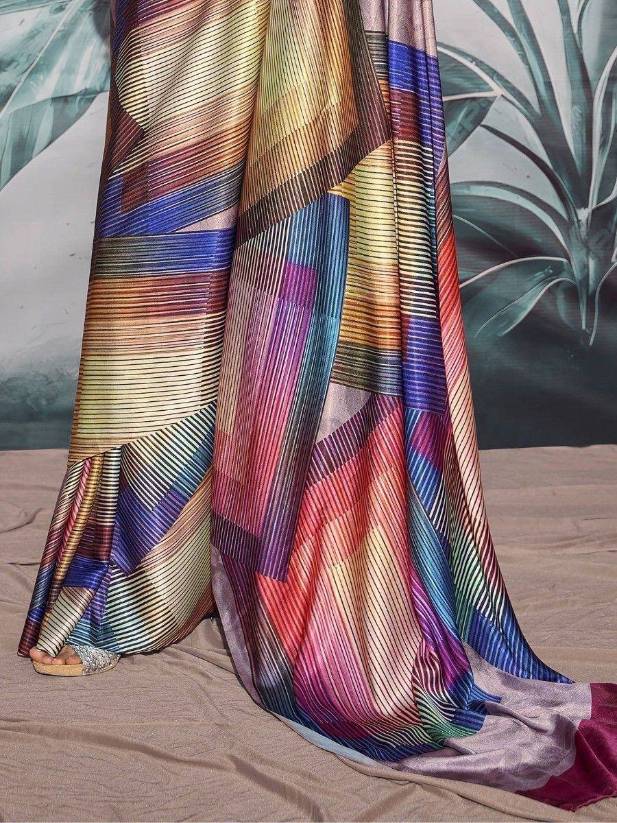 Vibrant multicolor striped saree with pleated design, perfect for ethnic occasions