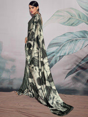 Glamorous Black & White Digital Printed Satin Event Wear Saree