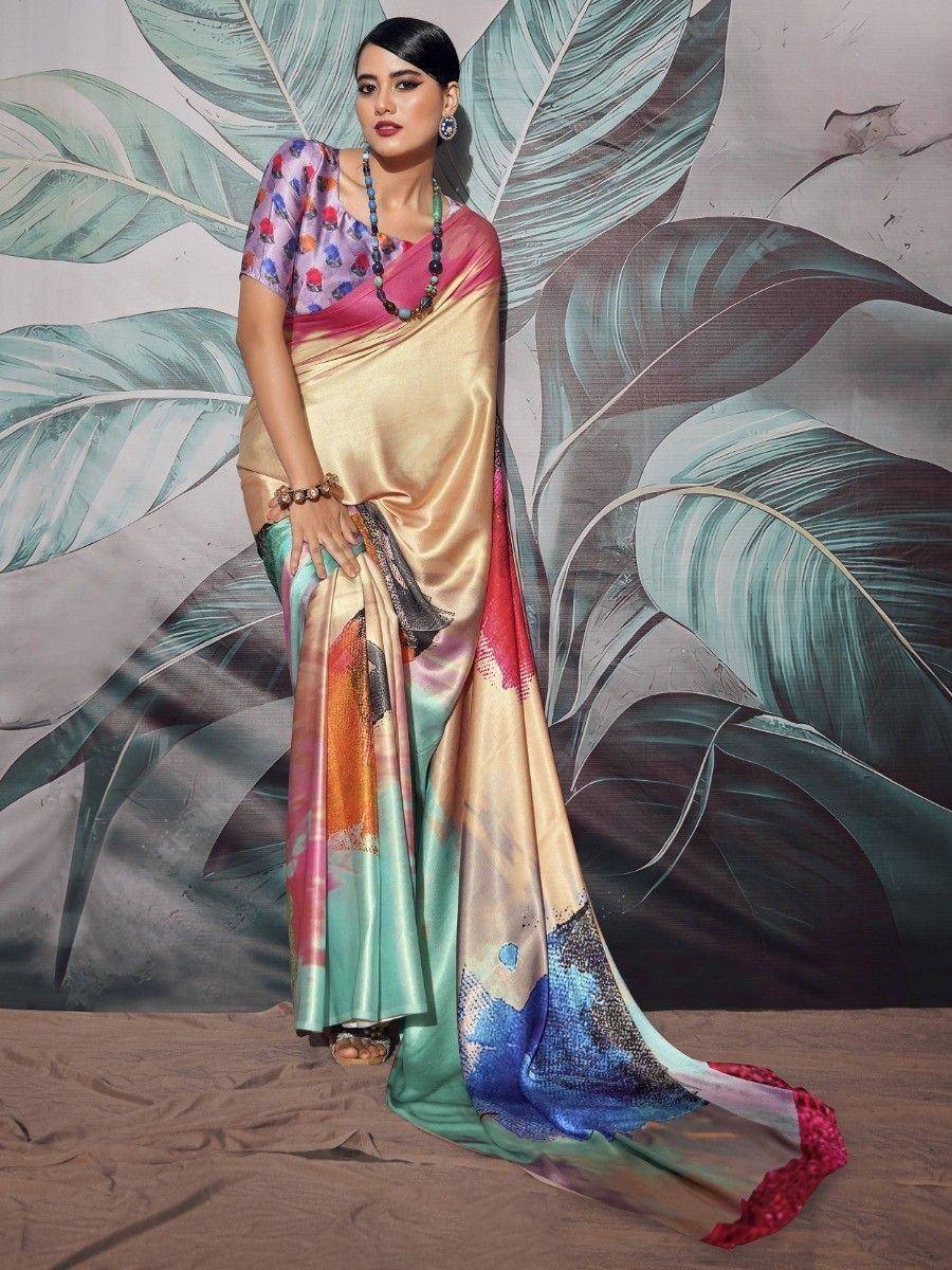 Woman in colorful printed saree with floral blouse, perfect for Indian ethnic wear occasions