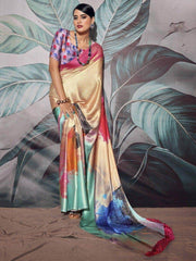 Fascinating Multi-Color Digital Printed Satin Saree With Blouse
