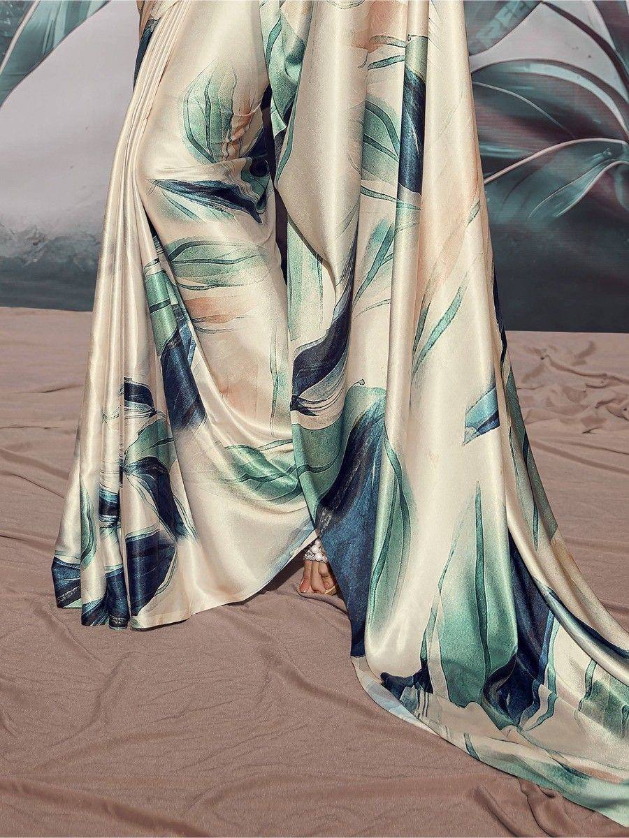 Cream saree with green leaf print, elegant ethnic wear for women