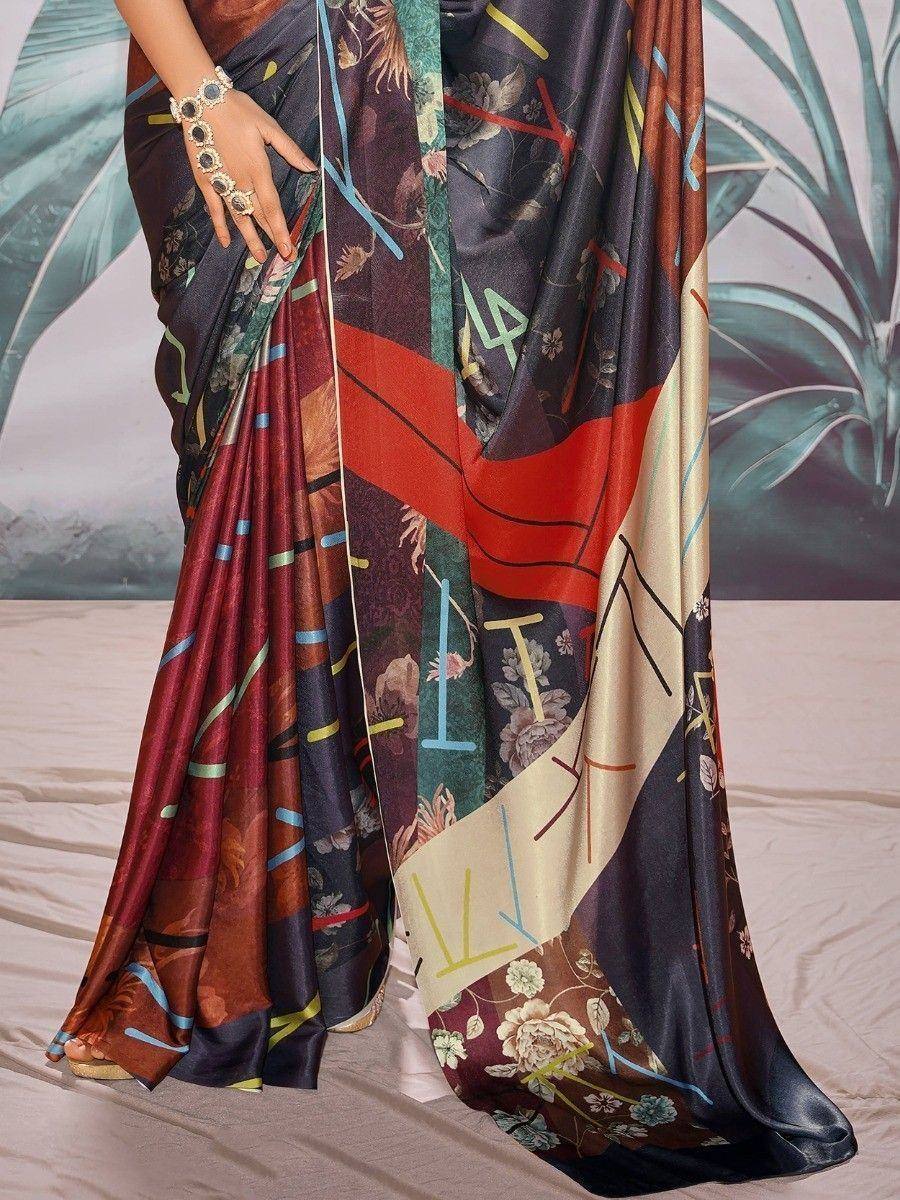 Stylish printed saree with floral and geometric patterns, perfect for ethnic occasions