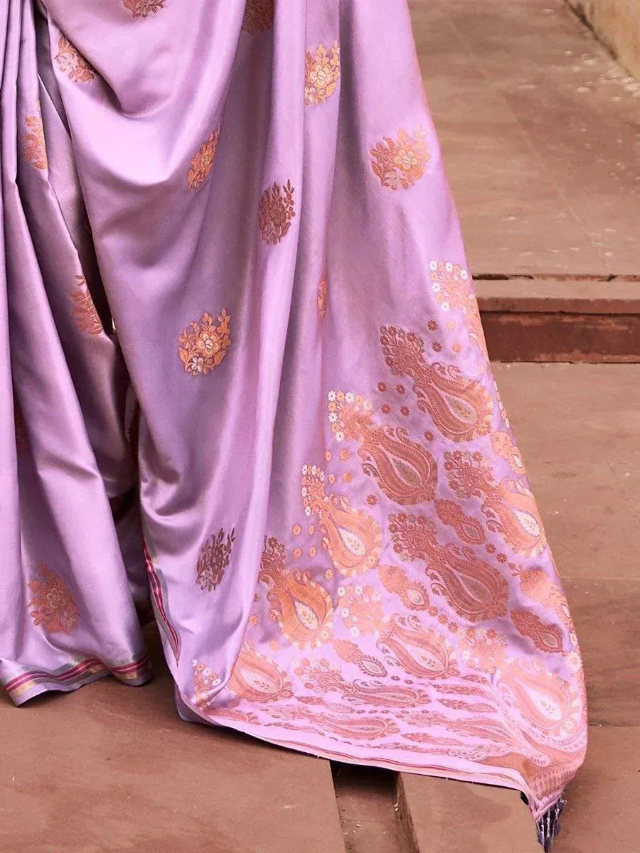 Lavender saree with gold paisley and floral embroidery, elegant Indian ethnic wear