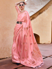 Fabulous Pink Zari Weaving Satin Traditional Saree With Blouse