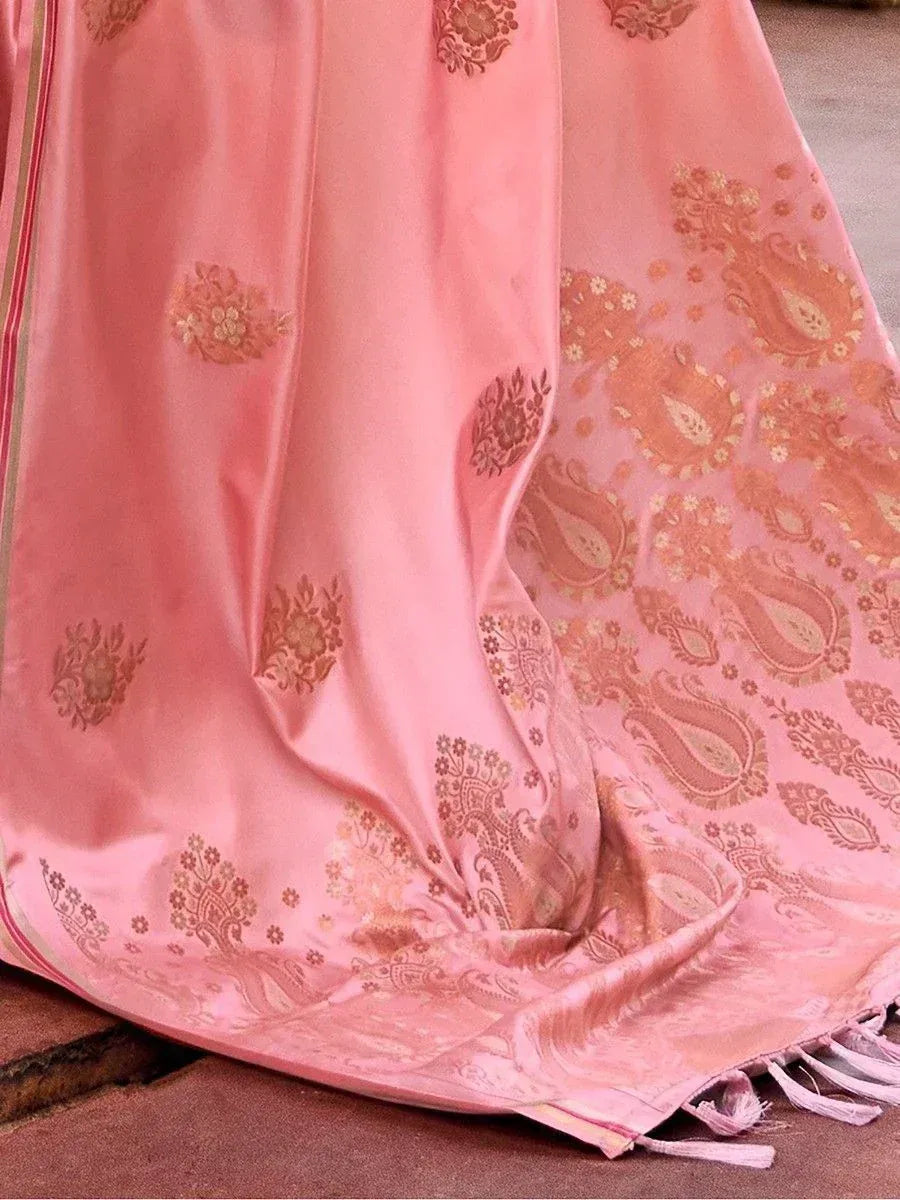 Pink silk saree with gold paisley and floral embroidery, perfect for ethnic occasions