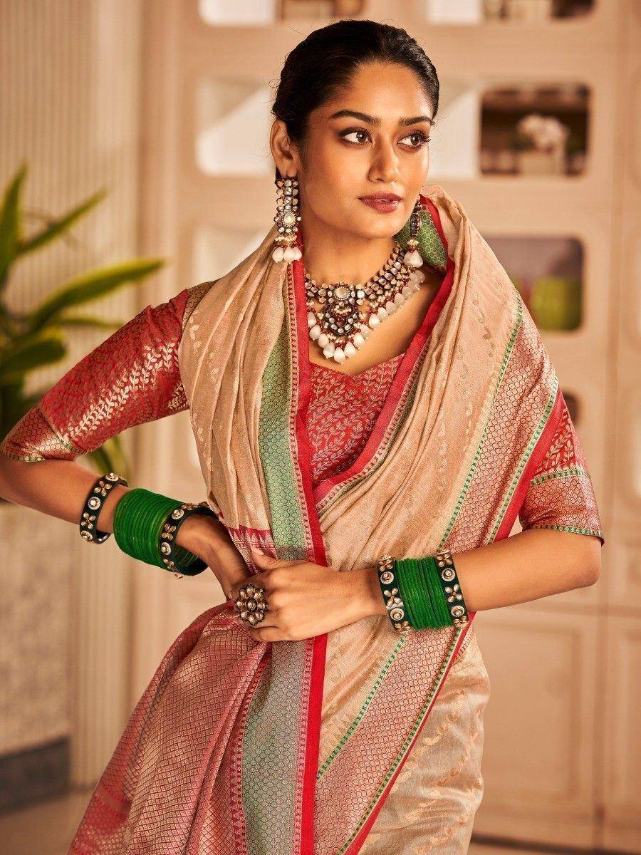Woman in elegant Indian saree with red and green border, traditional jewelry, and designer blouse