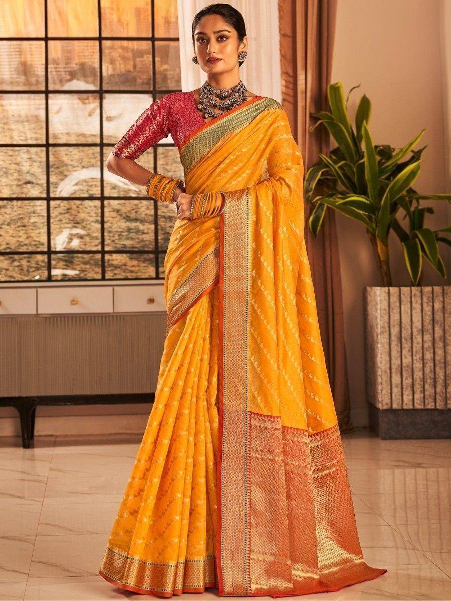 Yellow designer saree with red blouse, ethnic wear for women, traditional Indian saree with gold border