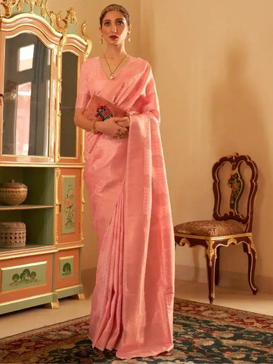 Fantastic Peach Zari Woven Silk Function Wear Saree With Blouse