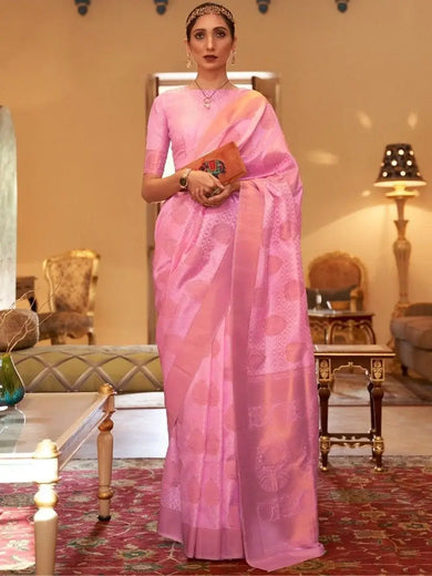 Lovable Pink Zari Woven Silk Wedding Wear Saree With Blouse