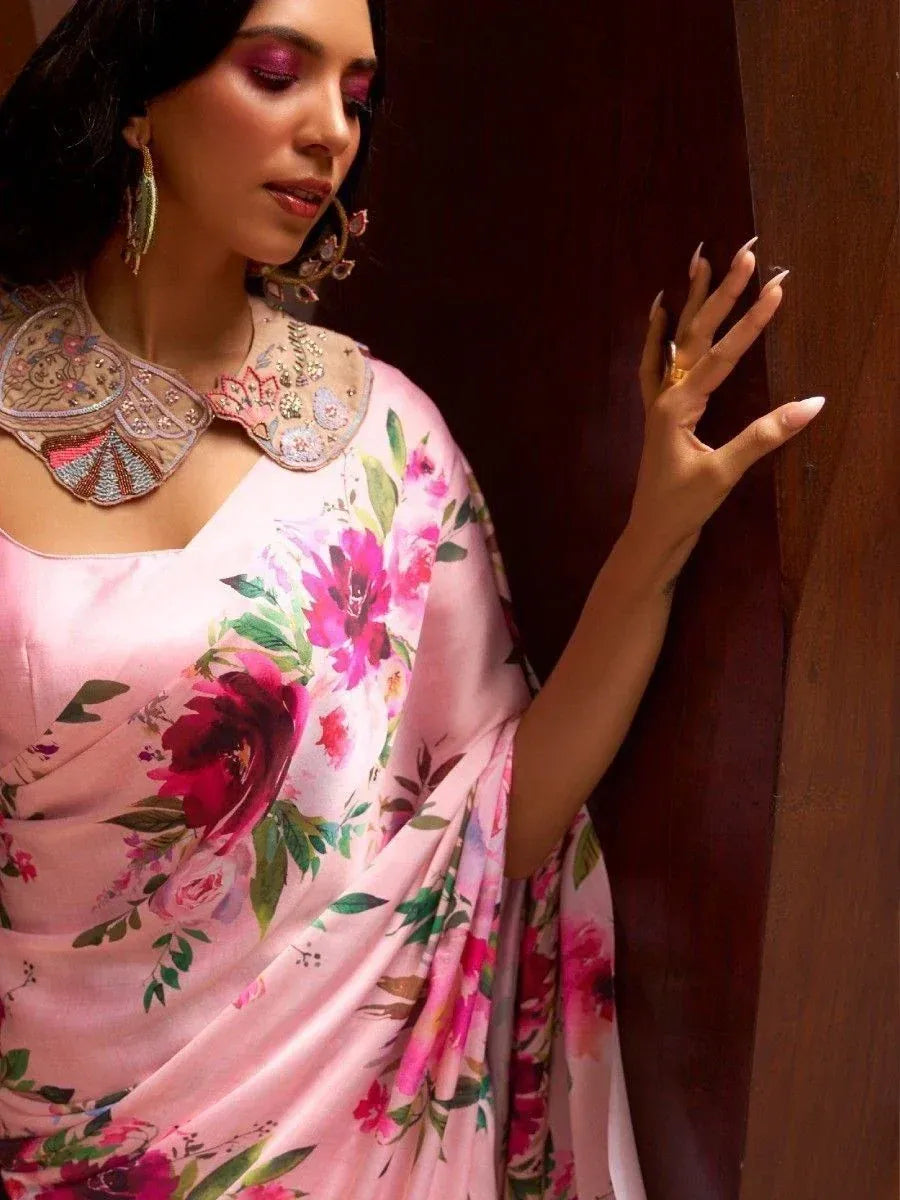 Pink floral saree with embroidered collar, ethnic Indian wear for women