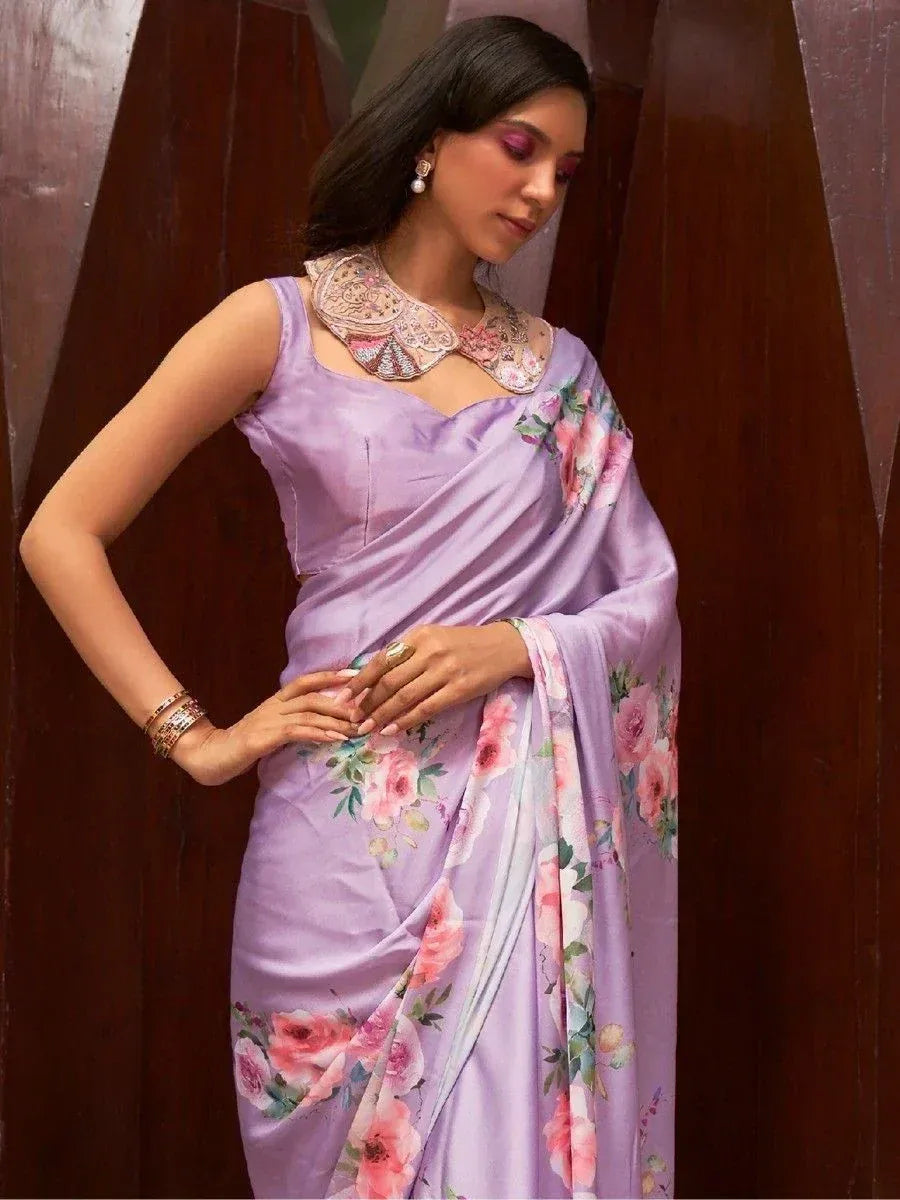 Lavender floral saree with embroidered collar, Indian ethnic wear for women