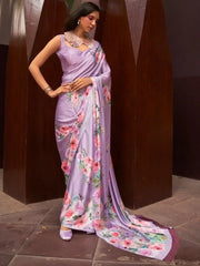 Precious Lavender Floral Printed Satin Function Wear Saree With Blouse