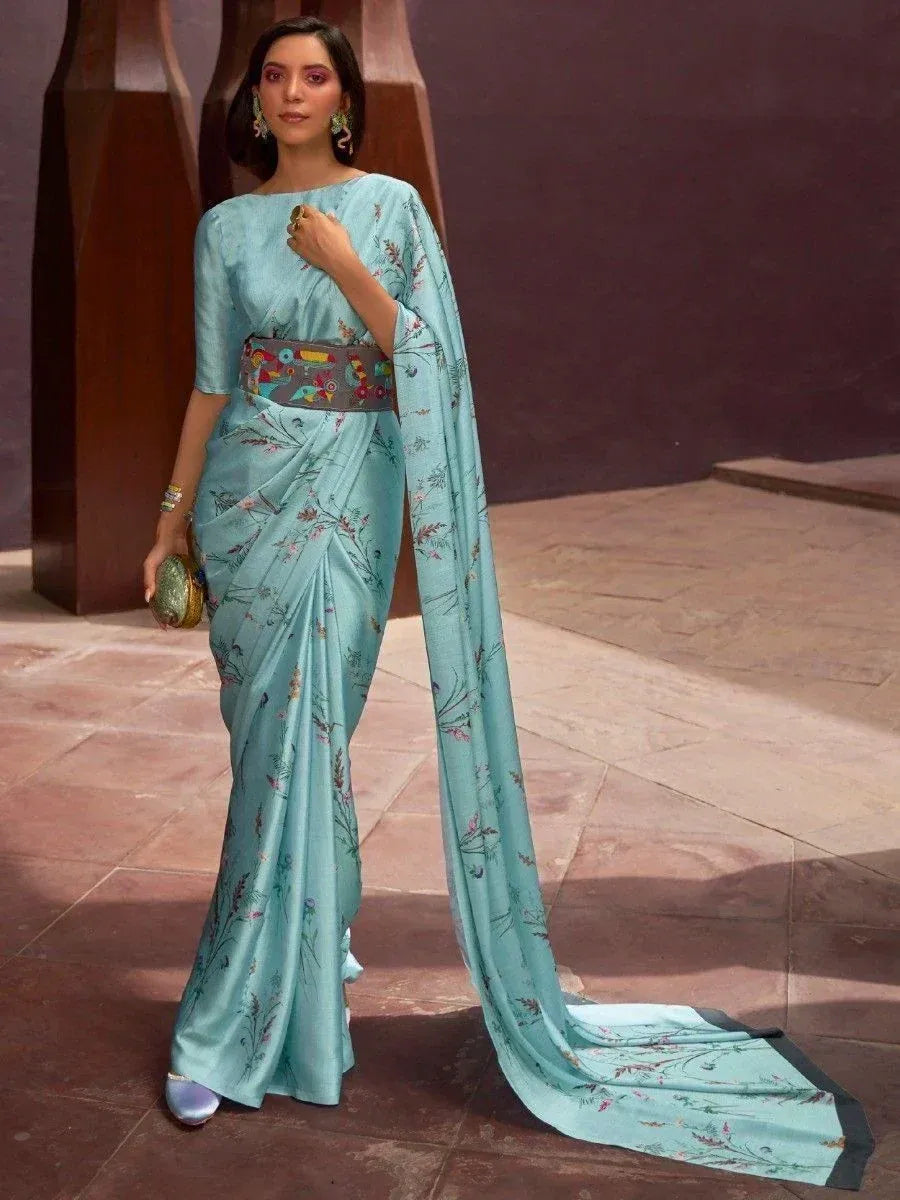 Light blue floral saree with embroidered belt, stylish Indian ethnic wear for women
