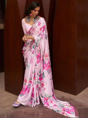 Beautiful Pink Floral Printed Satin Function Wear Saree With Blouse