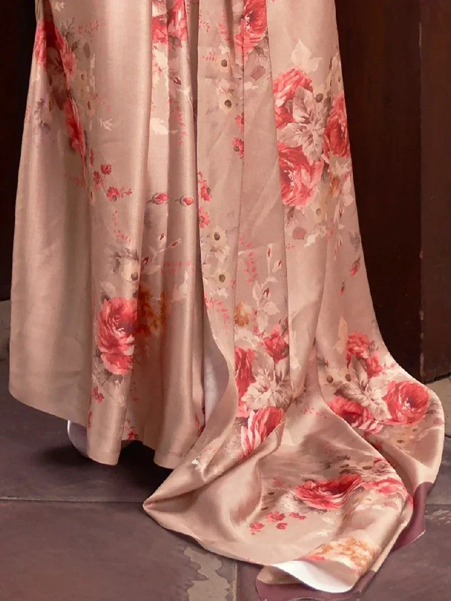 Elegant floral print ethnic gown in soft beige with red roses, perfect for Indian occasions