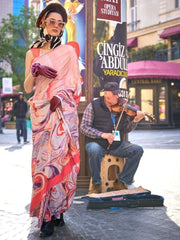 Attractive Peach Digital Printed Silk Event Wear Saree With Blouse