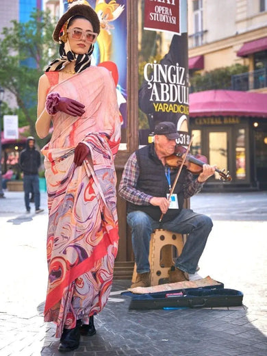 Attractive Peach Digital Printed Silk Event Wear Saree With Blouse