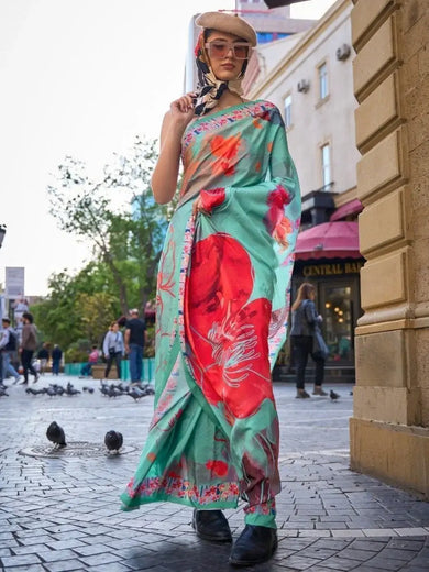 Stunning Sea Green Floral Printed Silk Party Wear Saree With Blouse
