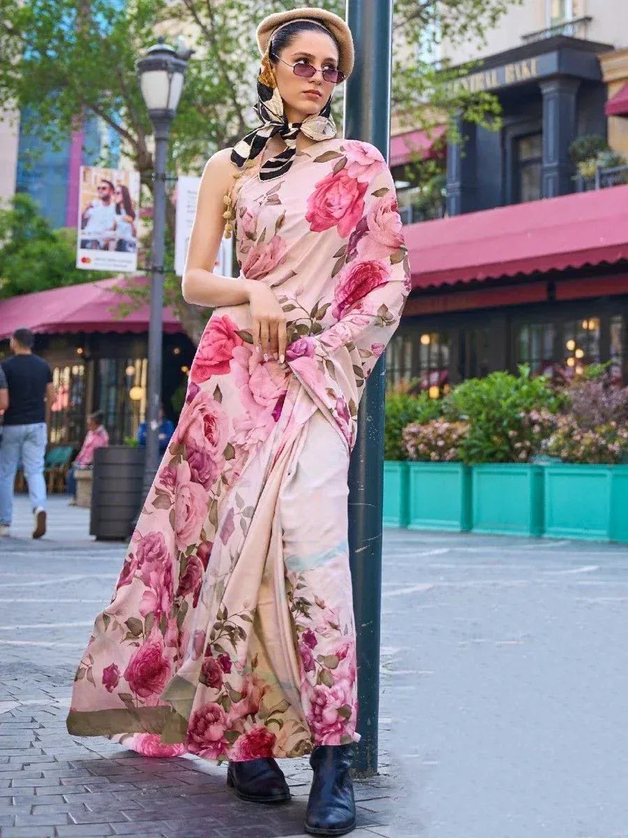 Woman in floral printed saree with modern styling, street fashion look