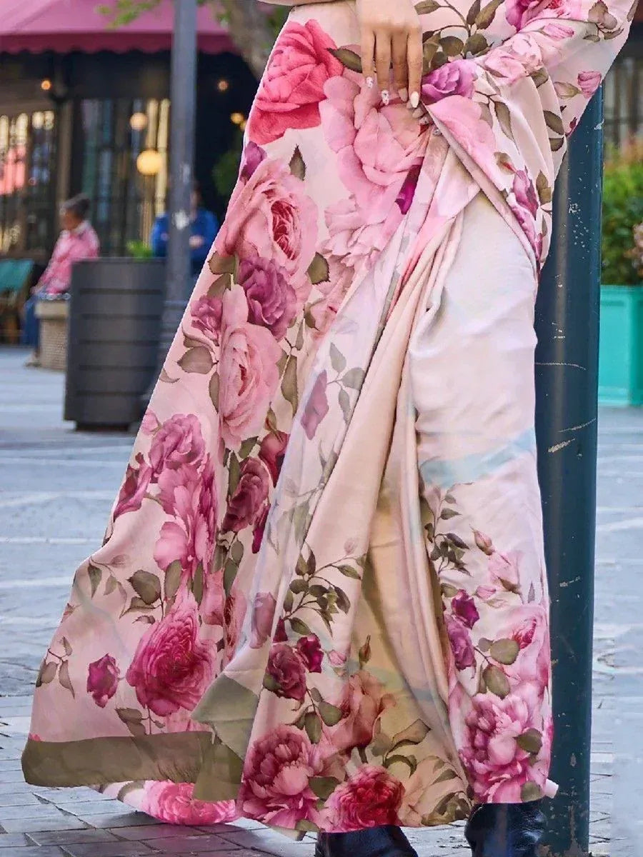Pink floral printed saree with rose pattern, stylish ethnic wear for women