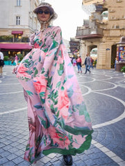 Outstanding Pink Floral Printed Silk Party Wear Saree With Blouse